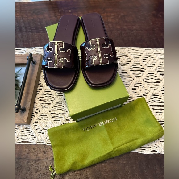 Tory Burch Shoes - Tory Burch Double T Sport Slide Sandals in Plum/Gold - 8 1/2 - New in Box
